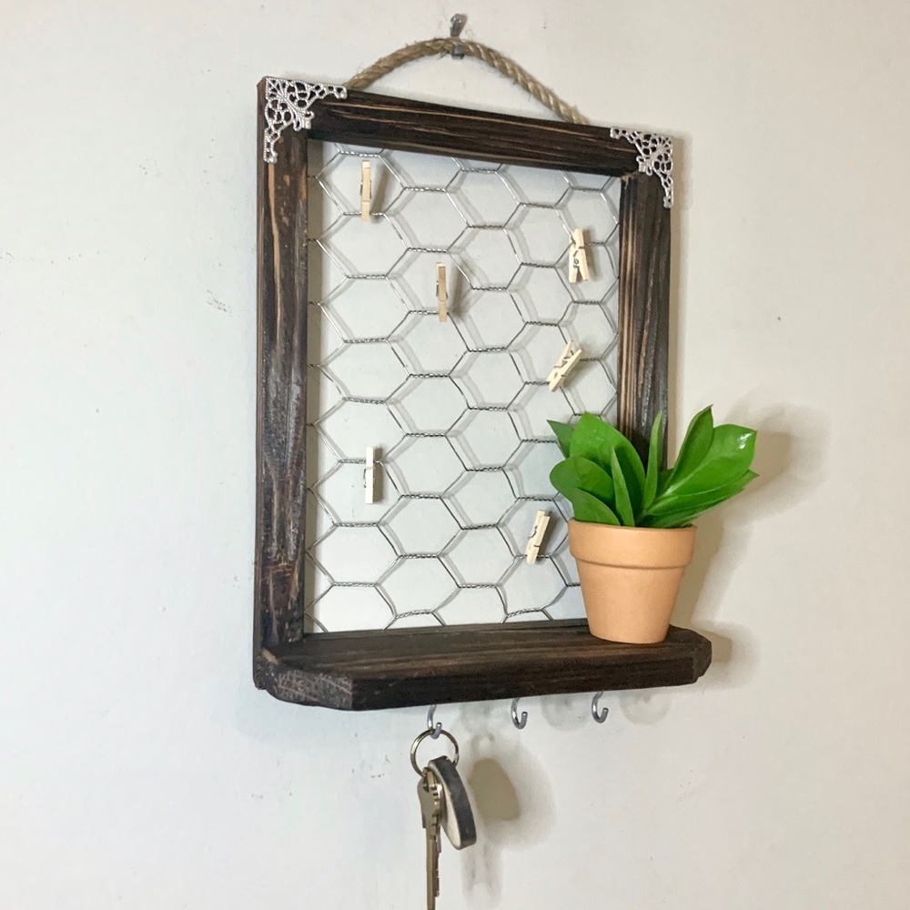Rustic Farmhouse Wall Shelf with Hooks & Clipboard
